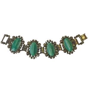 60s Gold Plate Green Cabs Rhinestones & Pearls Renaissance Cherub Link Bracelet